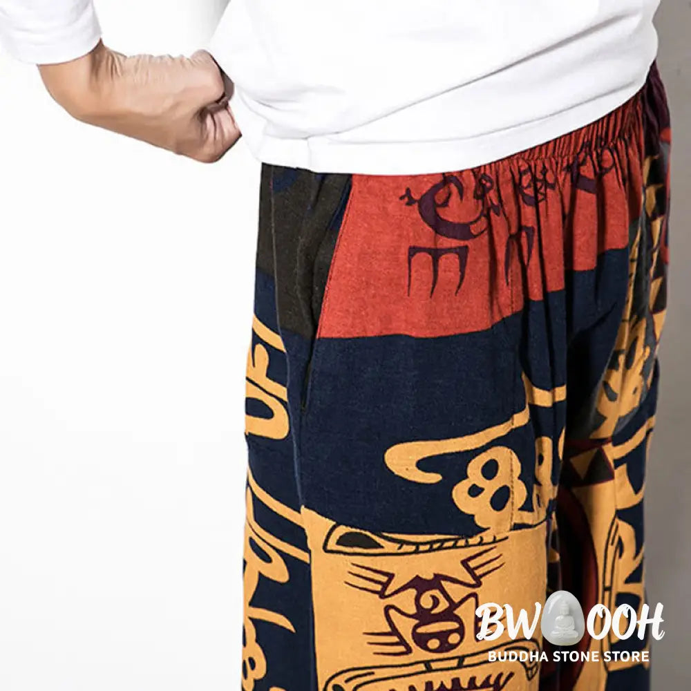 Buddha Stones Red Brown Graffiti Bird Print Men’s Harem Pants With Pockets - Men’s Harem Pants