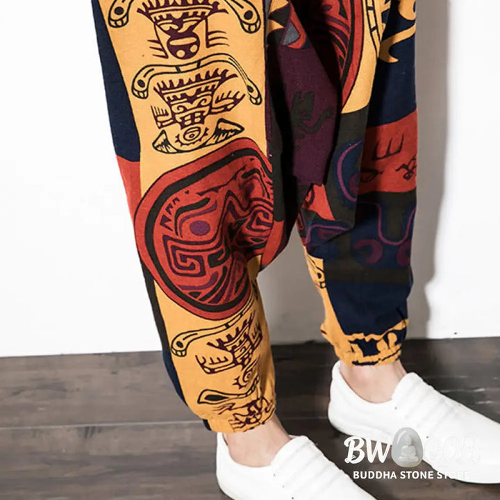 Buddha Stones Red Brown Graffiti Bird Print Men’s Harem Pants With Pockets - Men’s Harem Pants