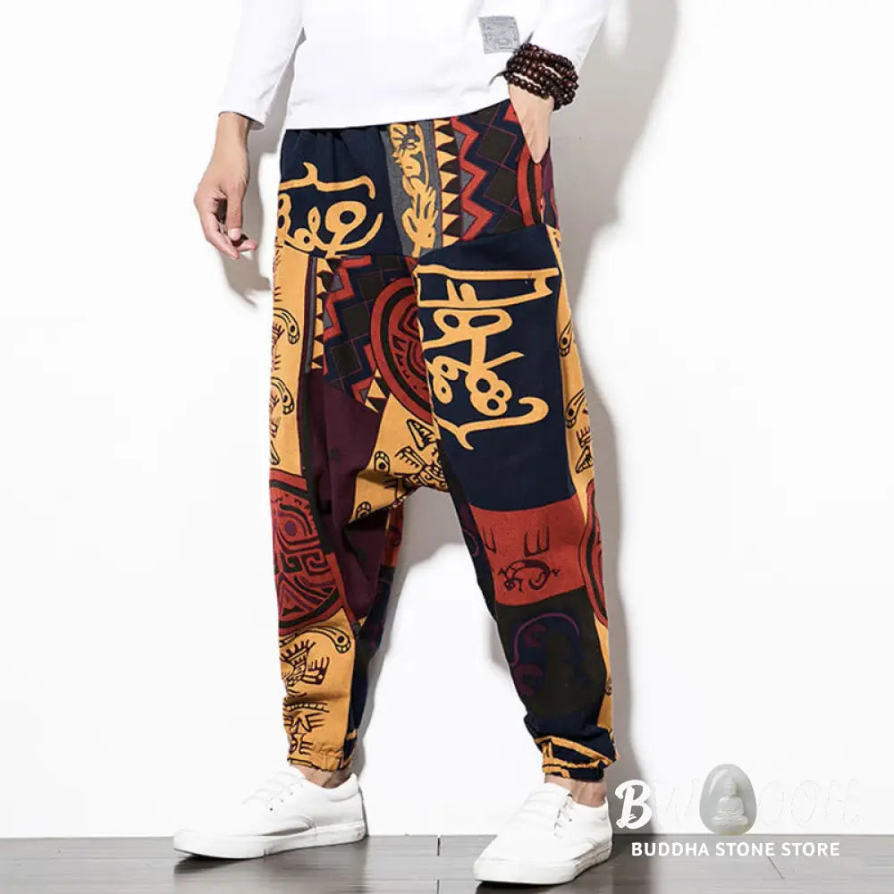 Buddha Stones Red Brown Graffiti Bird Print Men’s Harem Pants With Pockets - Men’s Harem Pants