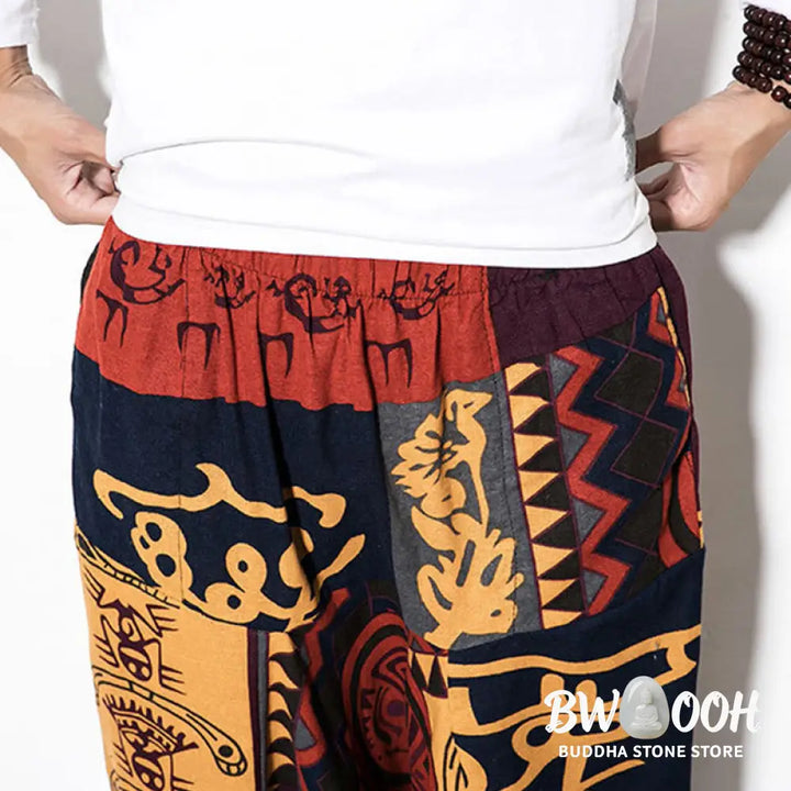 Buddha Stones Red Brown Graffiti Bird Print Men’s Harem Pants With Pockets - Men’s Harem Pants