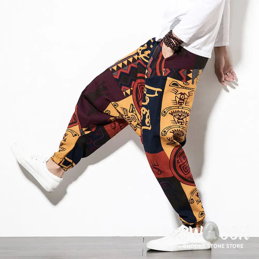 Buddha Stones Red Brown Graffiti Bird Print Men’s Harem Pants With Pockets - Men’s Harem Pants
