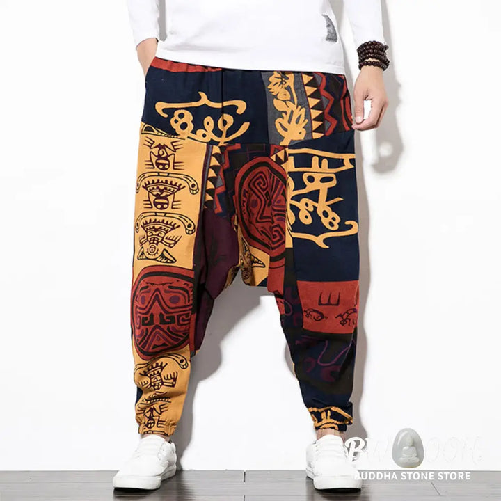 Buddha Stones Red Brown Graffiti Bird Print Men’s Harem Pants With Pockets - Men’s Harem Pants