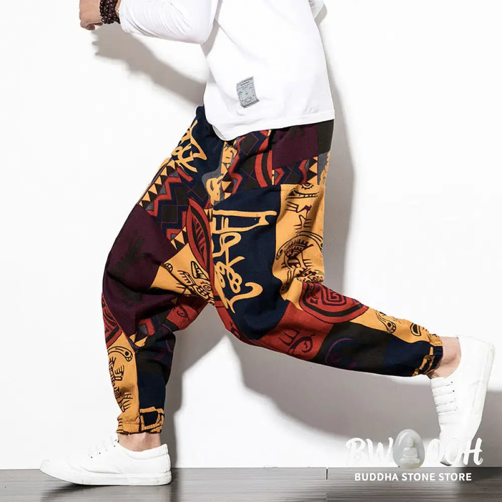 Buddha Stones Red Brown Graffiti Bird Print Men’s Harem Pants With Pockets - Men’s Harem Pants