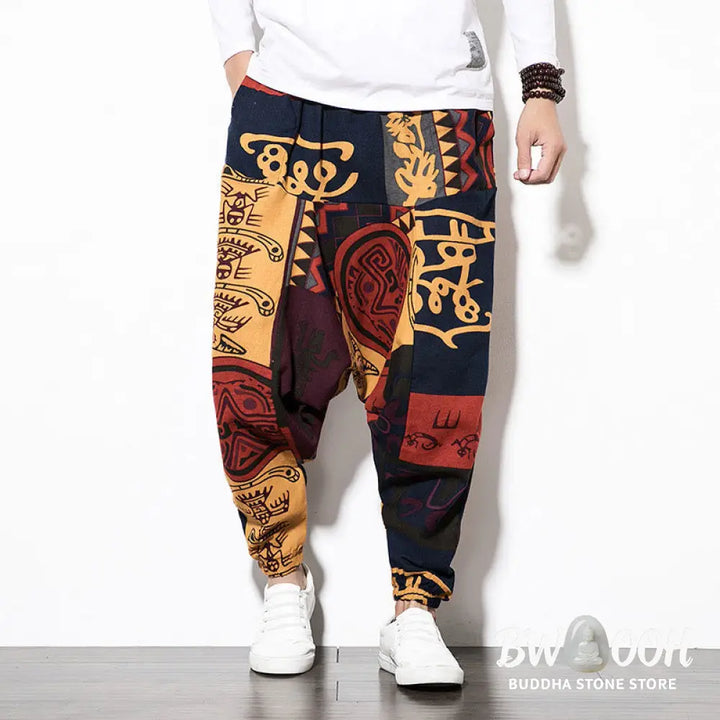 Buddha Stones Red Brown Graffiti Bird Print Men’s Harem Pants With Pockets - Men’s Harem Pants