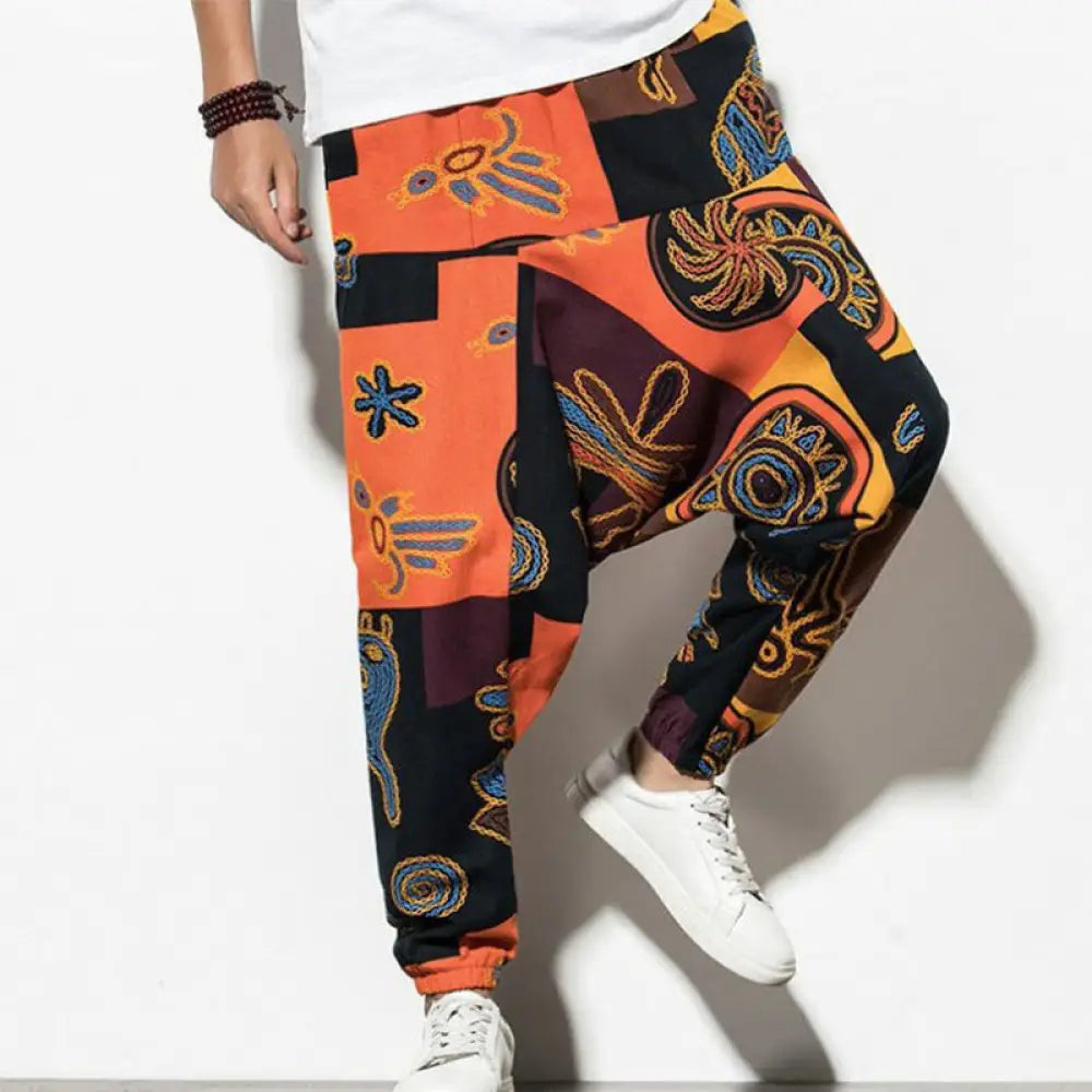 Buddha Stones Red Brown Graffiti Bird Print Men’s Harem Pants With Pockets - DarkOrange / US/UK/AU32，EU42 (M) - Men’s