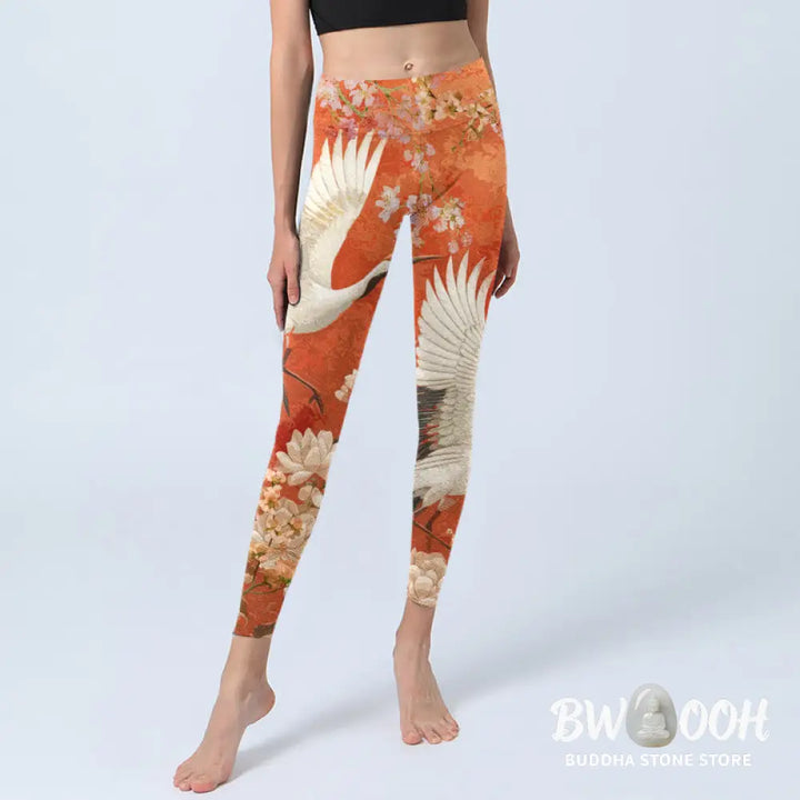 BWOOOH lotus print yoga leggings - Red-Crowned Crane Cherry Blossom Lotus F
