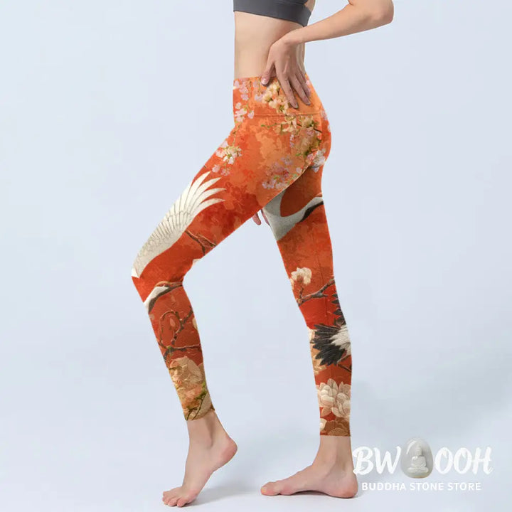 BWOOOH lotus print yoga leggings - Red-Crowned Crane Cherry Blossom Lotus F
