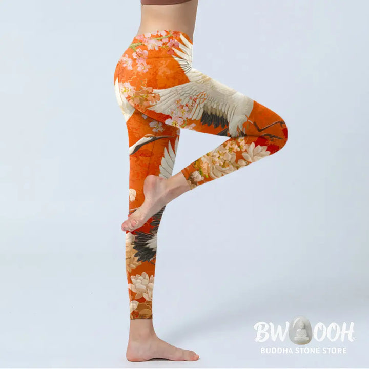 BWOOOH lotus print yoga leggings - Red-Crowned Crane Cherry Blossom Lotus F