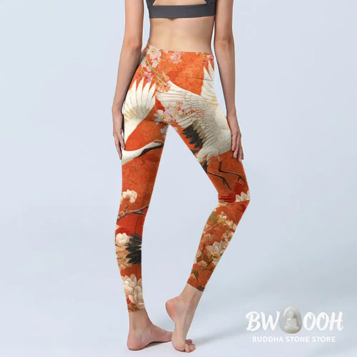 BWOOOH lotus print yoga leggings - Red-Crowned Crane Cherry Blossom Lotus F