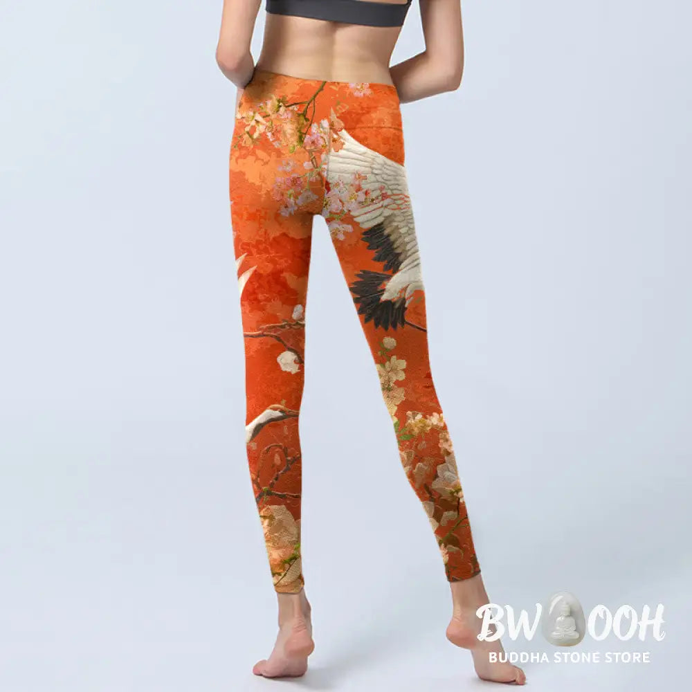 BWOOOH lotus print yoga leggings - Red-Crowned Crane Cherry Blossom Lotus F