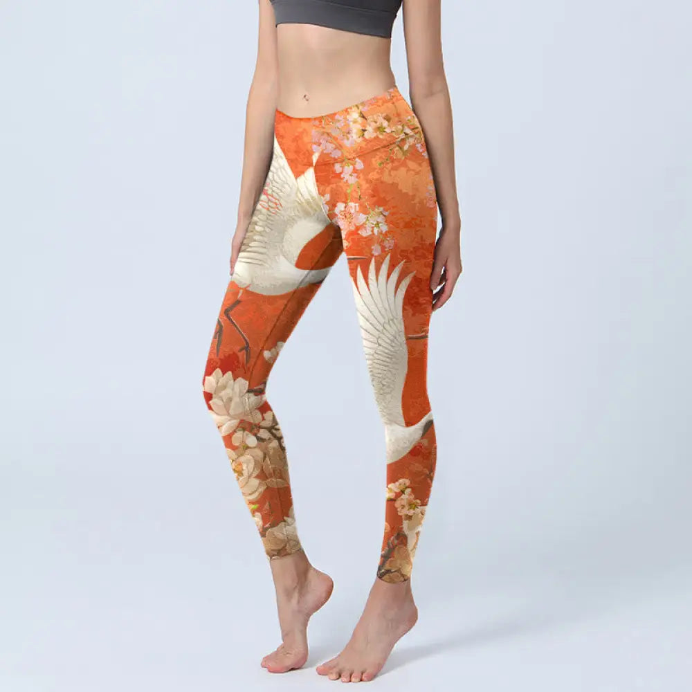BWOOOH lotus print yoga leggings - Red-Crowned Crane Cherry Blossom Lotus F