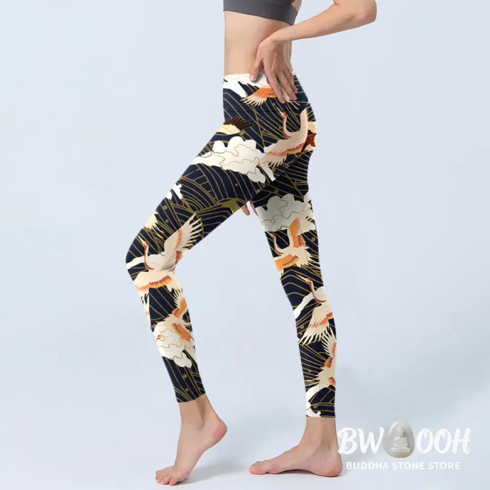 BWOOOH printed yoga leggings - Red-crowned Cranes Cloud Sea Wave Patter