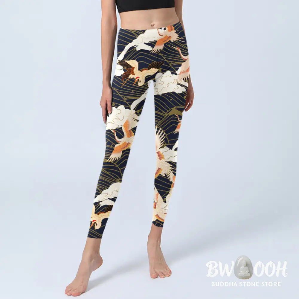 BWOOOH printed yoga leggings - Red-crowned Cranes Cloud Sea Wave Patter