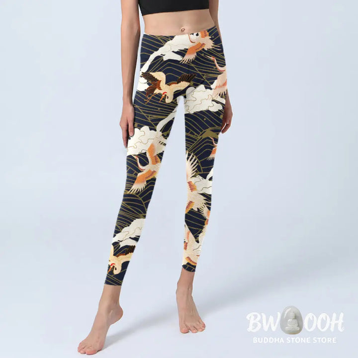 BWOOOH printed yoga leggings - Red-crowned Cranes Cloud Sea Wave Patter