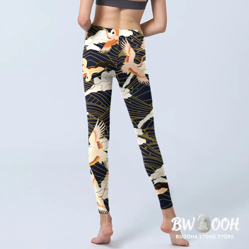 BWOOOH printed yoga leggings - Red-crowned Cranes Cloud Sea Wave Patter