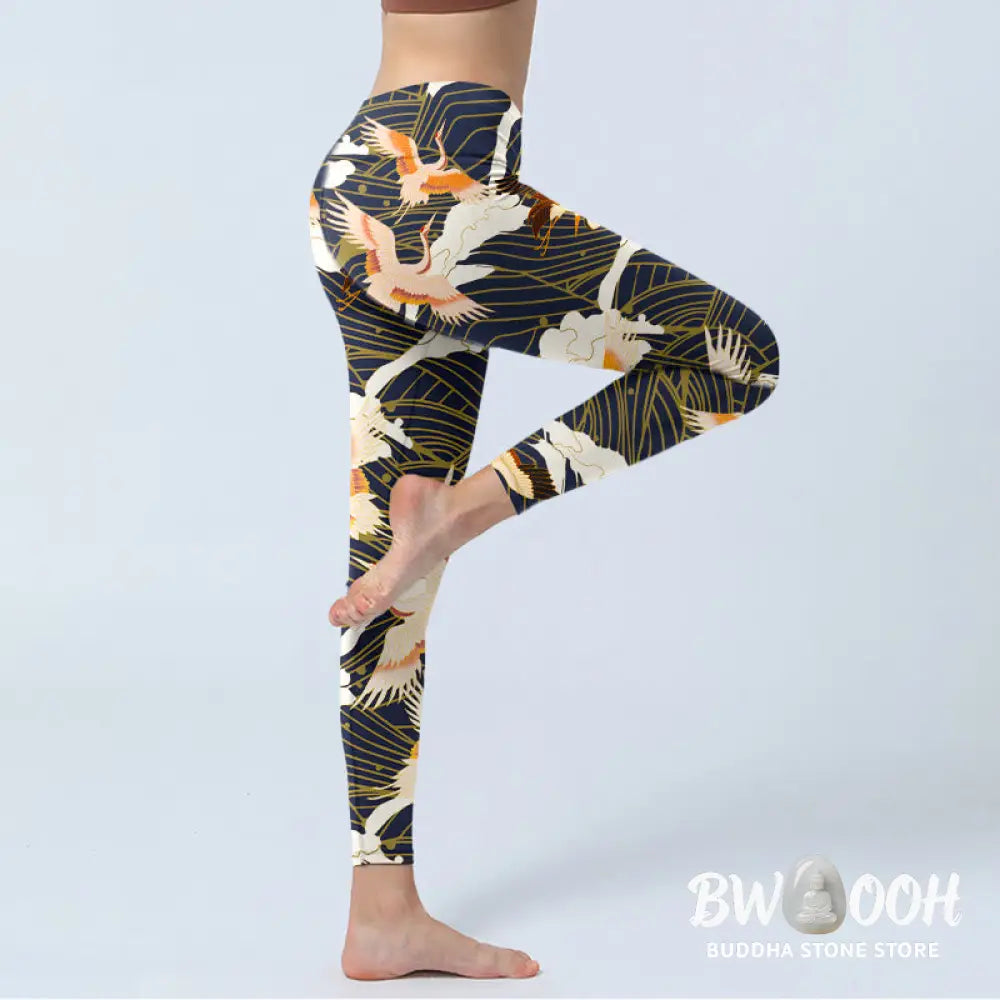 BWOOOH printed yoga leggings - Red-crowned Cranes Cloud Sea Wave Patter