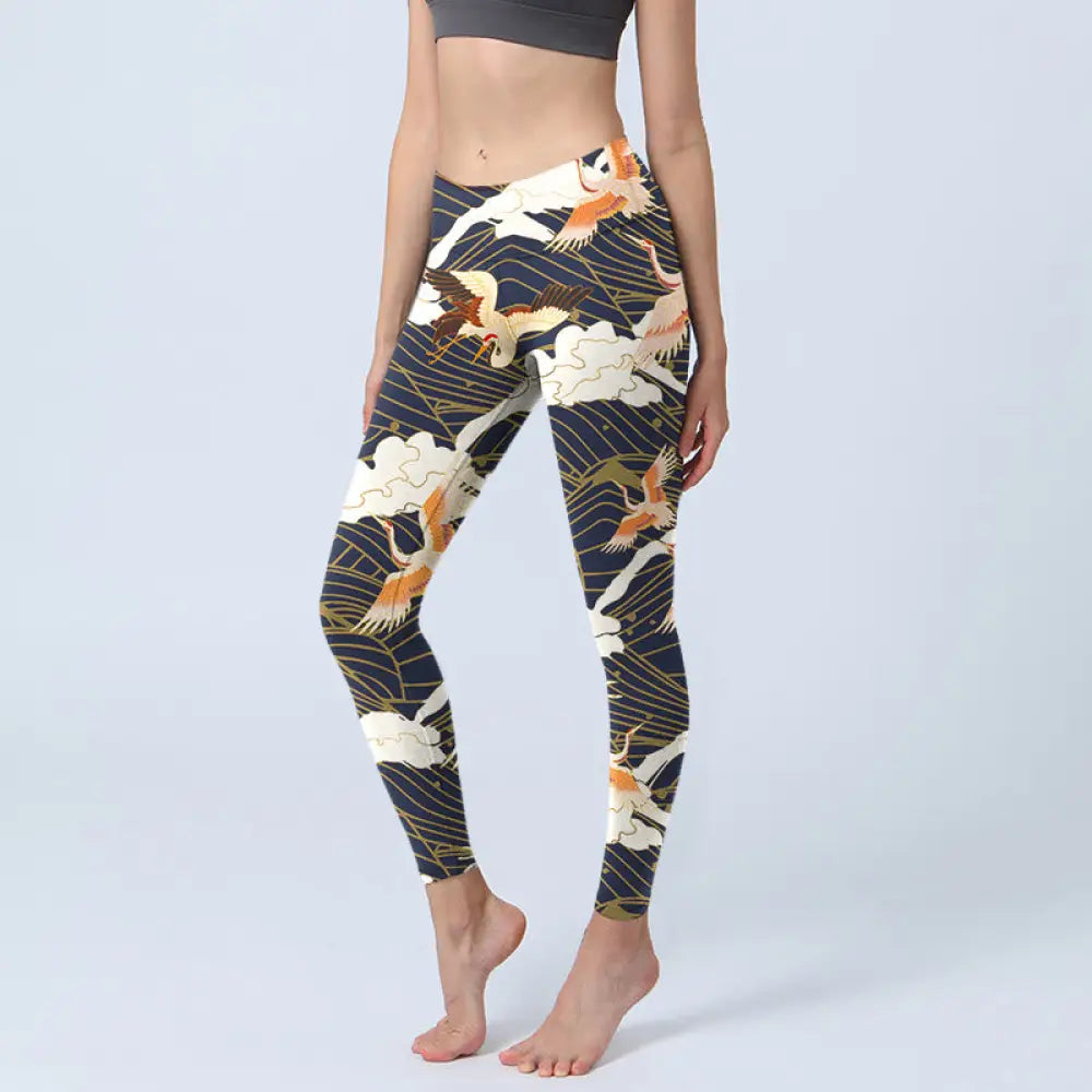 BWOOOH printed yoga leggings - Red-crowned Cranes Cloud Sea Wave Patter
