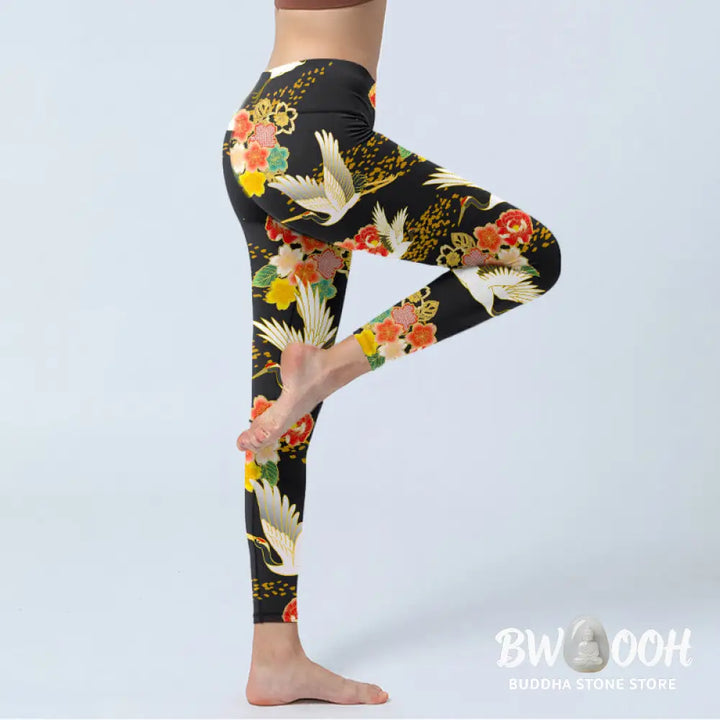BWOOOH printed yoga leggings - Red-Crowned Cranes Colorful Floral Patte
