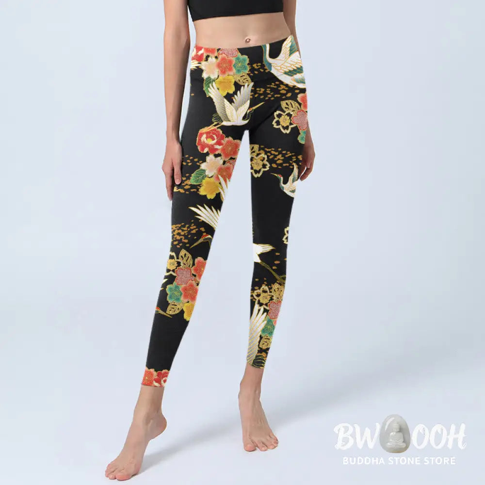 BWOOOH printed yoga leggings - Red-Crowned Cranes Colorful Floral Patte