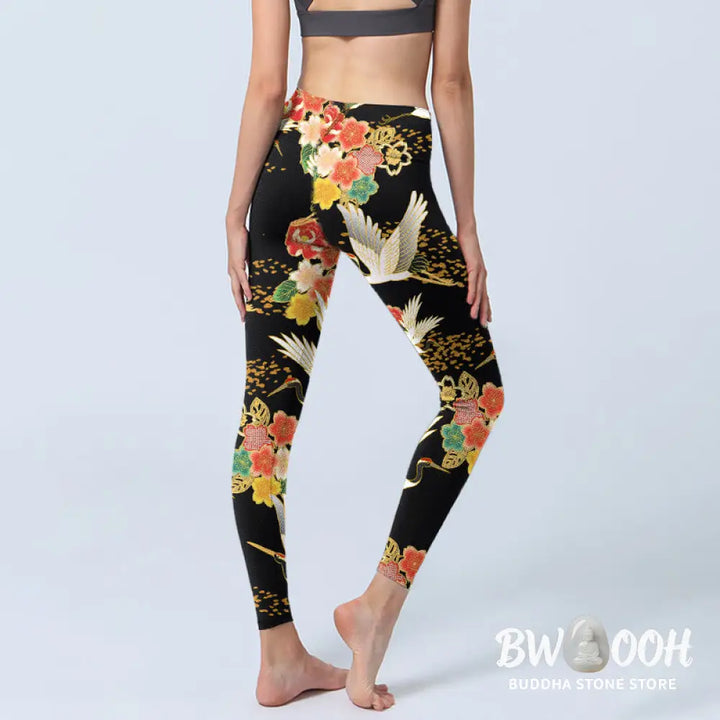 BWOOOH printed yoga leggings - Red-Crowned Cranes Colorful Floral Patte
