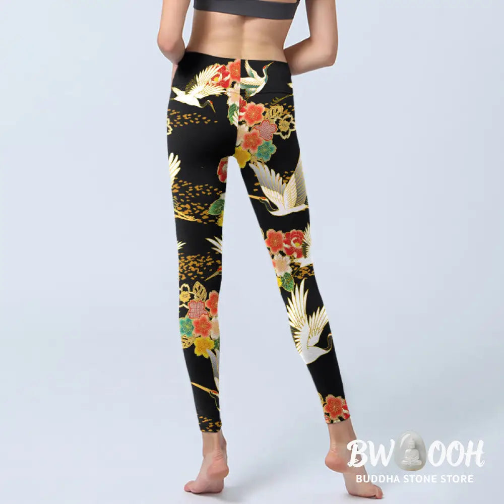 BWOOOH printed yoga leggings - Red-Crowned Cranes Colorful Floral Patte