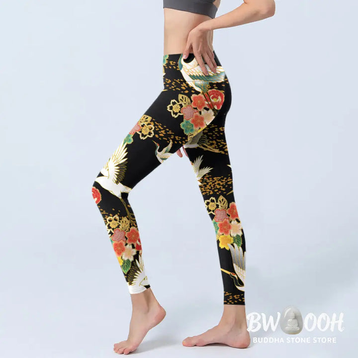 BWOOOH printed yoga leggings - Red-Crowned Cranes Colorful Floral Patte