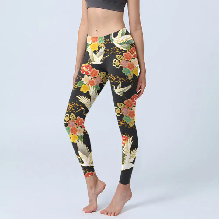 BWOOOH printed yoga leggings - Red-Crowned Cranes Colorful Floral Patte
