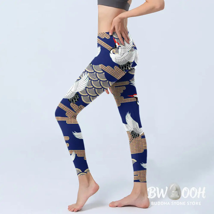 BWOOOH printed yoga leggings - Red-crowned Cranes Fan-shaped Auspicious