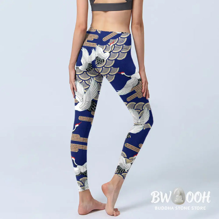 BWOOOH printed yoga leggings - Red-crowned Cranes Fan-shaped Auspicious