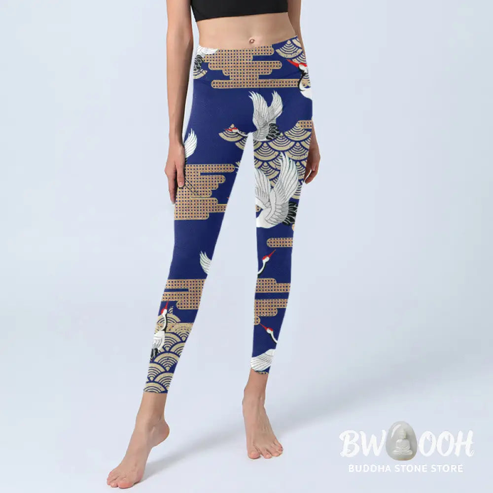 BWOOOH printed yoga leggings - Red-crowned Cranes Fan-shaped Auspicious