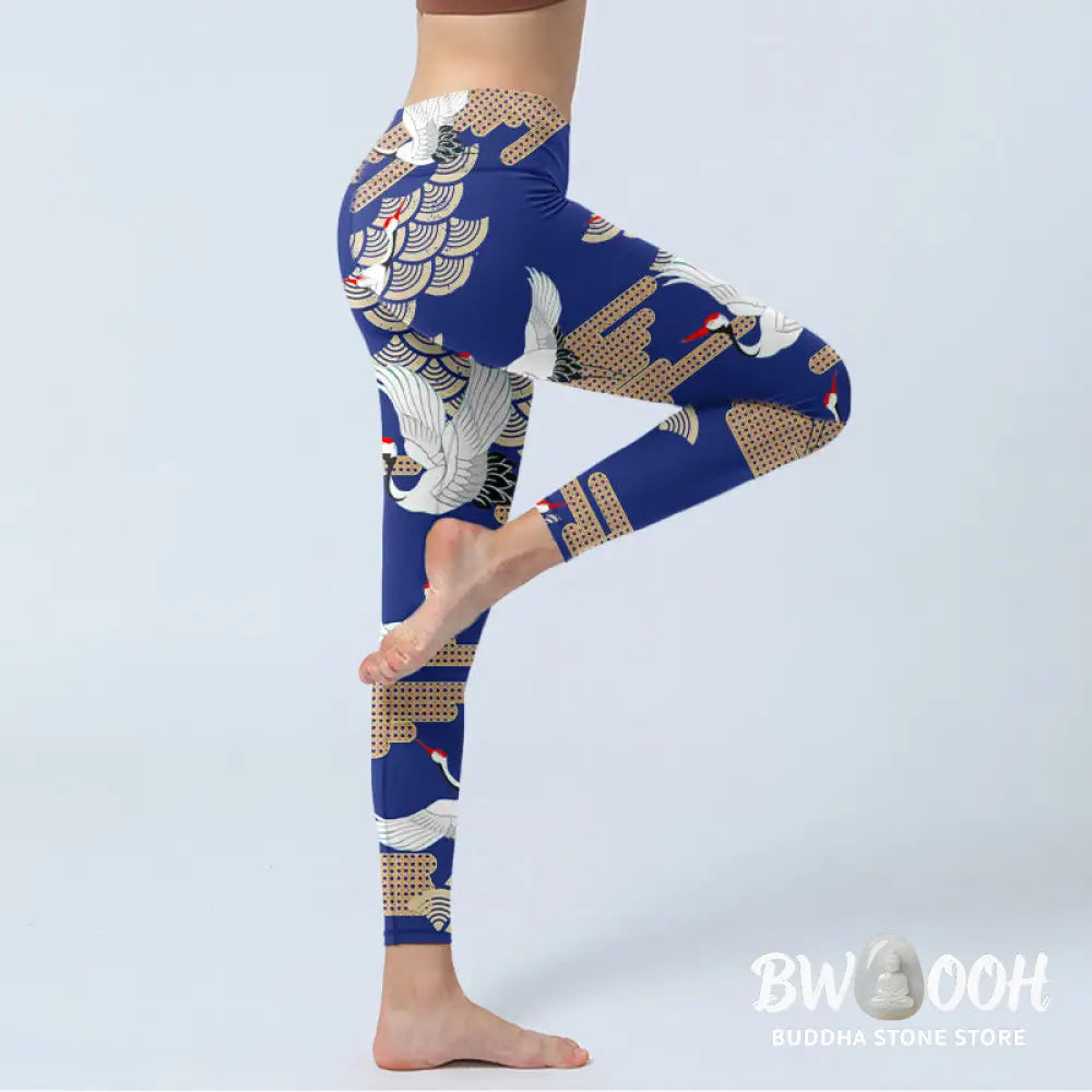 BWOOOH printed yoga leggings - Red-crowned Cranes Fan-shaped Auspicious