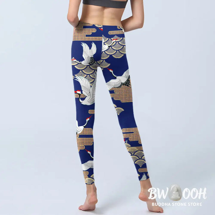 BWOOOH printed yoga leggings - Red-crowned Cranes Fan-shaped Auspicious