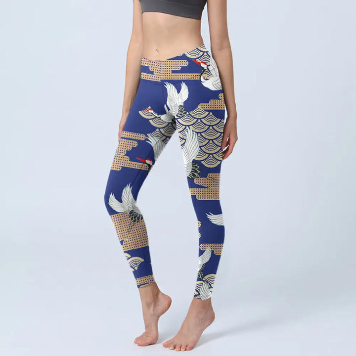 BWOOOH printed yoga leggings - Red-crowned Cranes Fan-shaped Auspicious