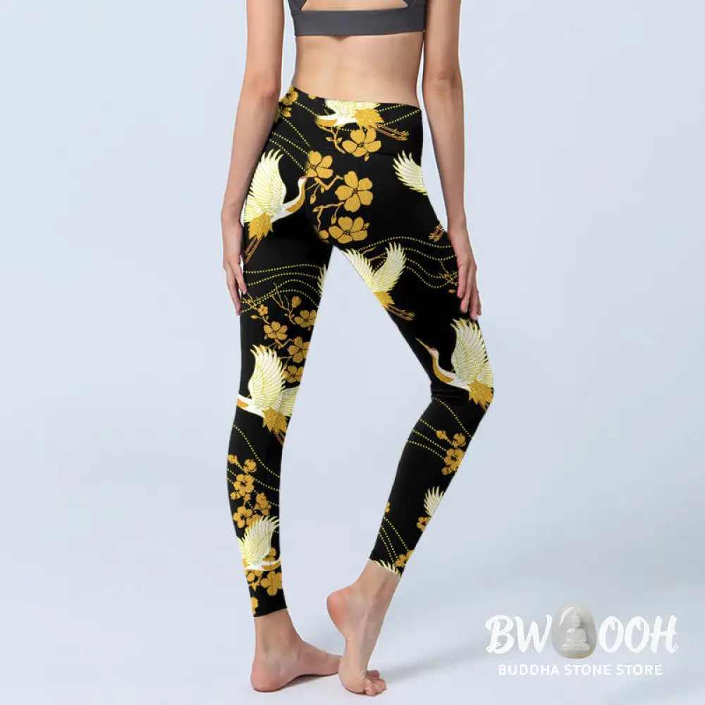BWOOOH printed yoga leggings - Red-crowned Cranes Golden Flowers Line P