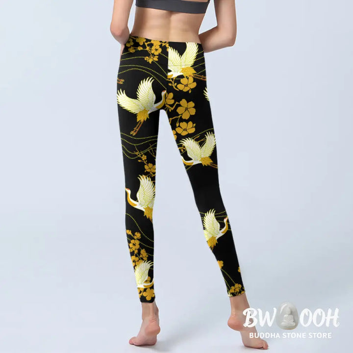 BWOOOH printed yoga leggings - Red-crowned Cranes Golden Flowers Line P