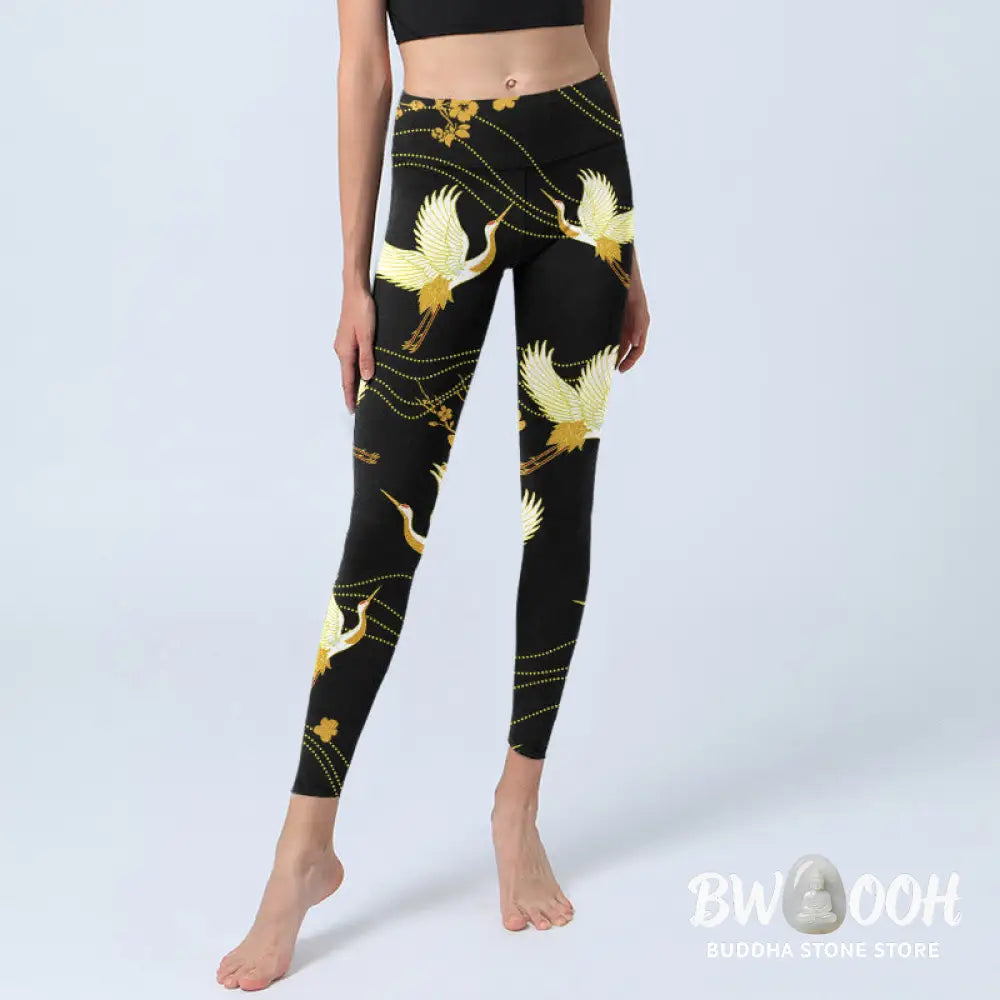 BWOOOH printed yoga leggings - Red-crowned Cranes Golden Flowers Line P