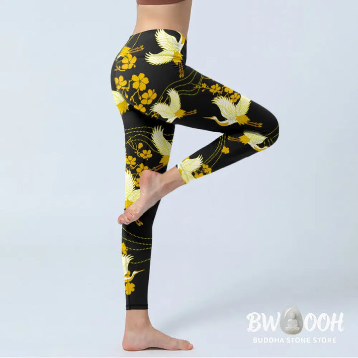 BWOOOH printed yoga leggings - Red-crowned Cranes Golden Flowers Line P