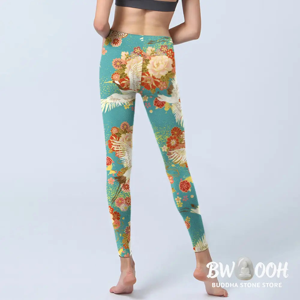 BWOOOH printed yoga leggings - Red-crowned Cranes Peony Flowers Butterf