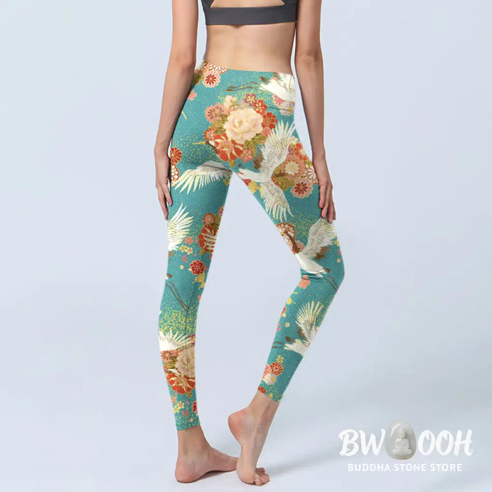 BWOOOH printed yoga leggings - Red-crowned Cranes Peony Flowers Butterf