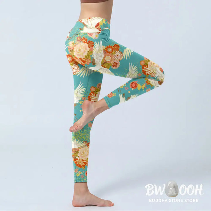 BWOOOH printed yoga leggings - Red-crowned Cranes Peony Flowers Butterf