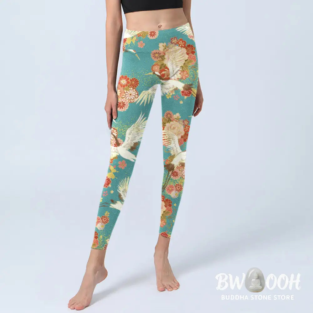 BWOOOH printed yoga leggings - Red-crowned Cranes Peony Flowers Butterf