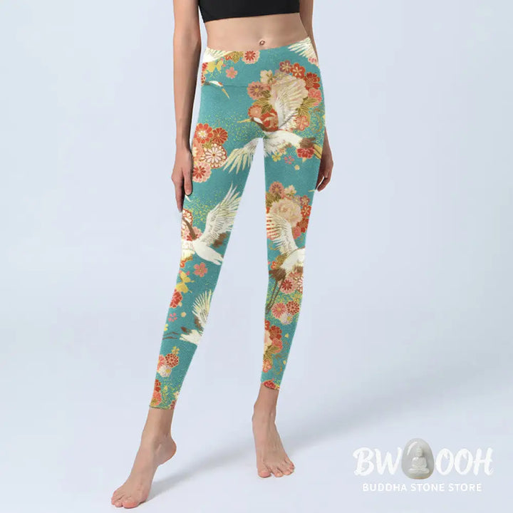 BWOOOH printed yoga leggings - Red-crowned Cranes Peony Flowers Butterf