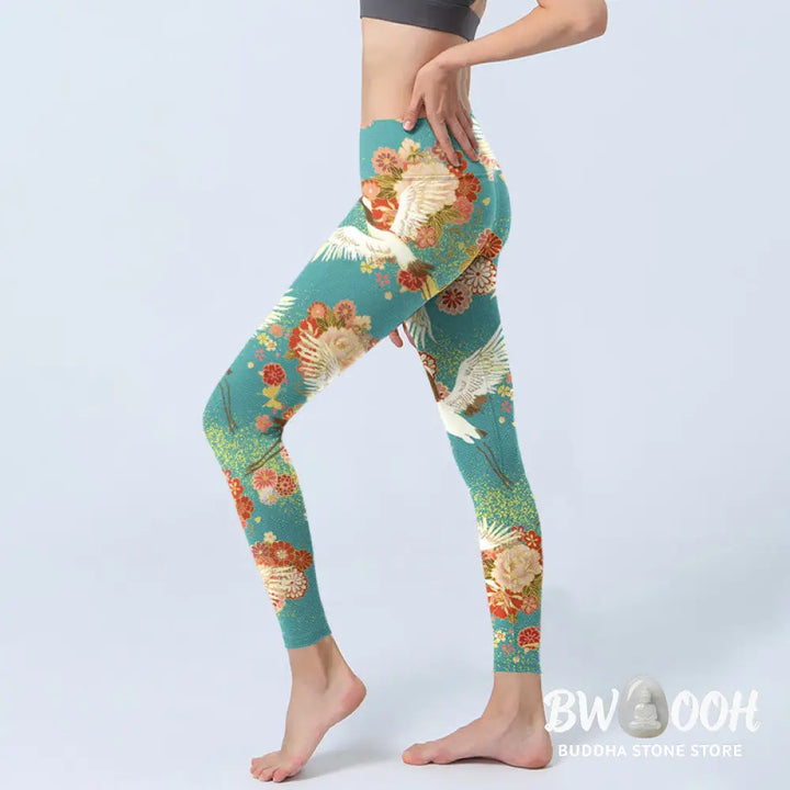 BWOOOH printed yoga leggings - Red-crowned Cranes Peony Flowers Butterf