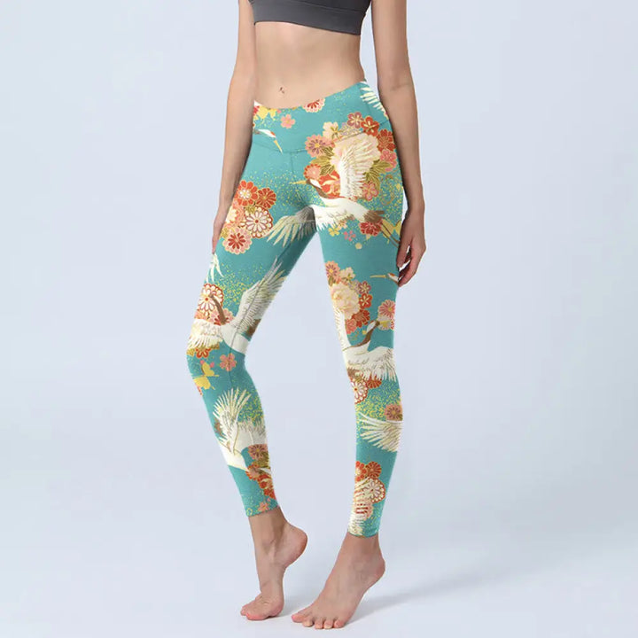 BWOOOH printed yoga leggings - Red-crowned Cranes Peony Flowers Butterf