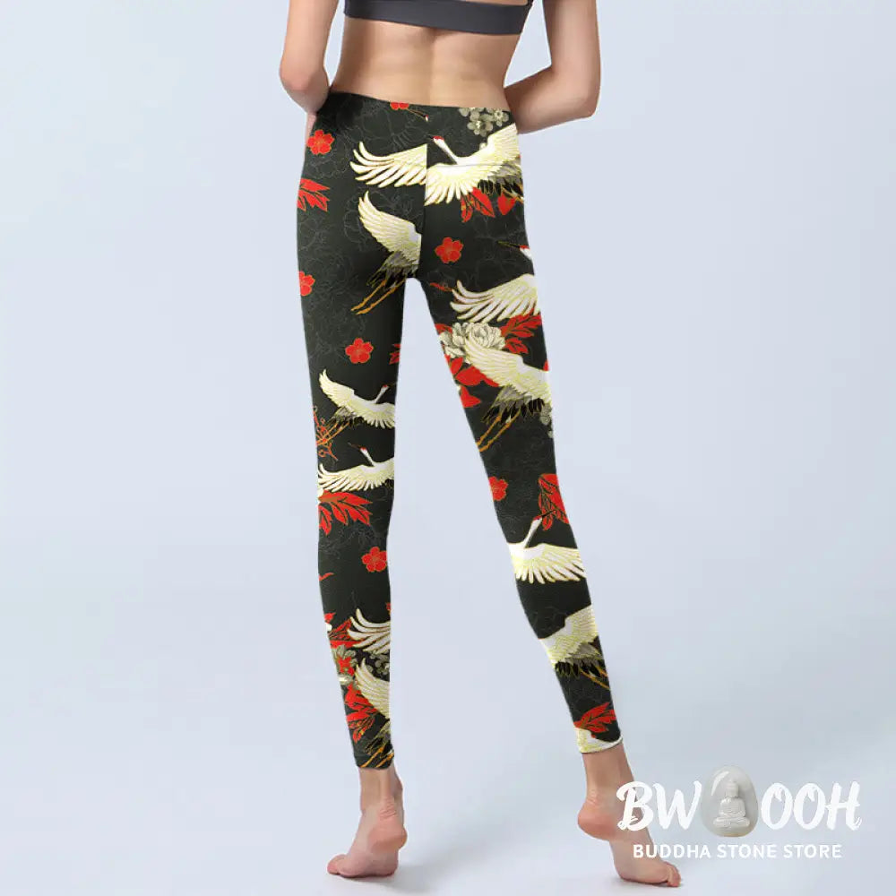 BWOOOH printed yoga leggings - Red-crowned Cranes Peony Flowers Pattern