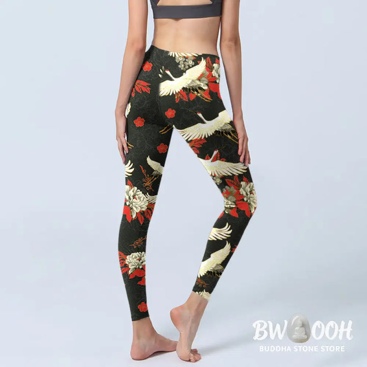 BWOOOH printed yoga leggings - Red-crowned Cranes Peony Flowers Pattern