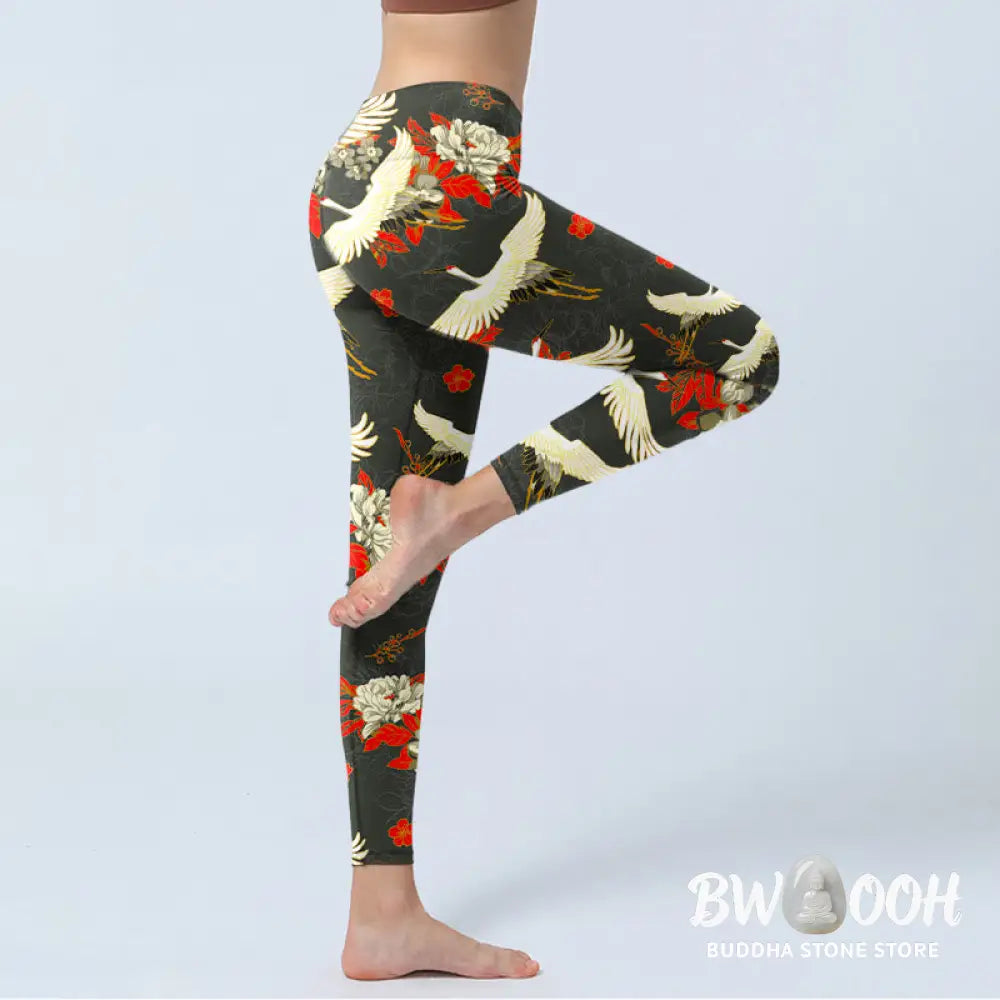 BWOOOH printed yoga leggings - Red-crowned Cranes Peony Flowers Pattern
