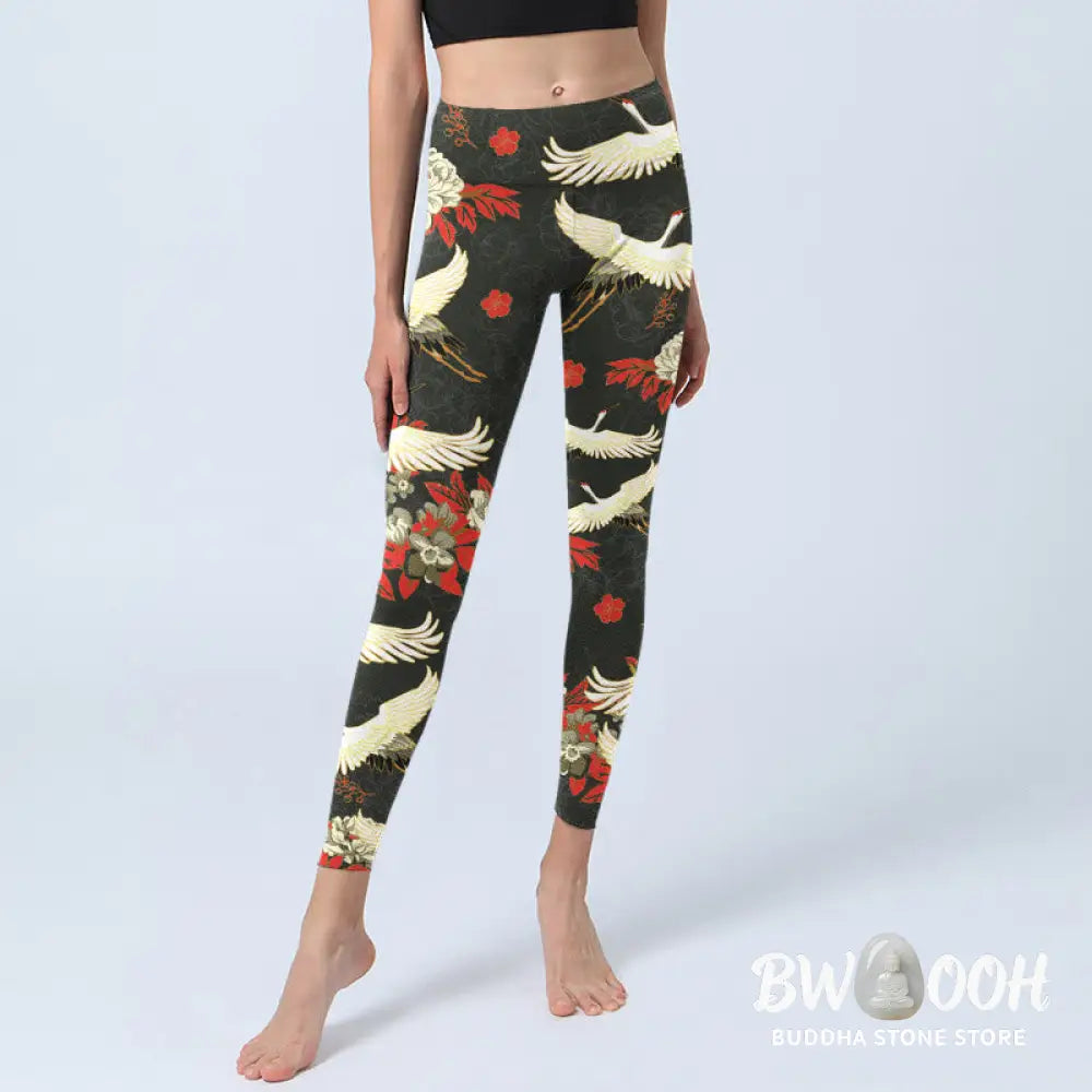 BWOOOH printed yoga leggings - Red-crowned Cranes Peony Flowers Pattern