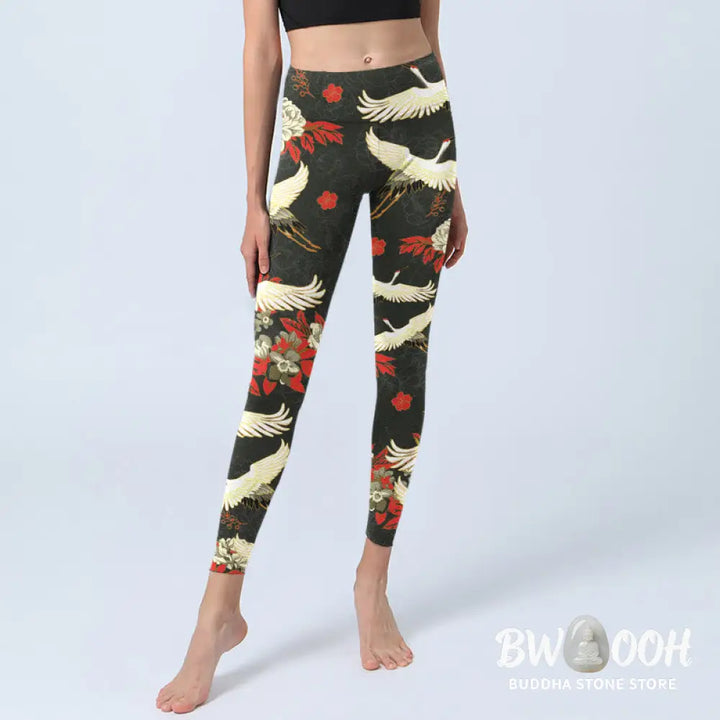 BWOOOH printed yoga leggings - Red-crowned Cranes Peony Flowers Pattern