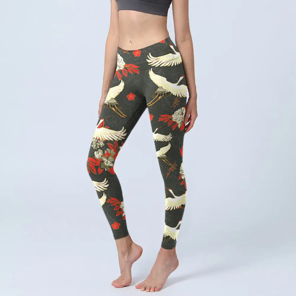 BWOOOH printed yoga leggings - Red-crowned Cranes Peony Flowers Pattern